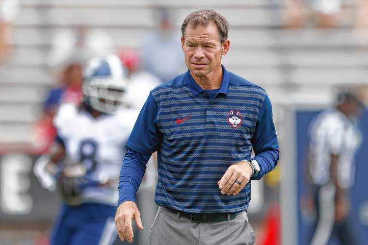 UConn head coach Jim Mora pictured before an NCAA football game against Maryland earlier this season in College Park, Md.