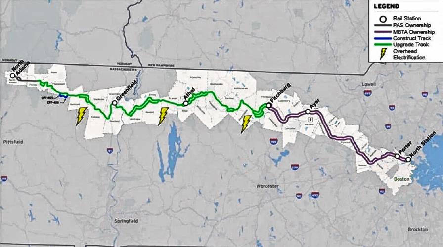 A Massachusetts Department of Transportation rendering of the potential Northern Tier rail route from North Adams to Boston with electrified service, as laid out in the study’s “Alternative 3.”