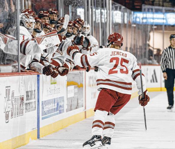 UMass’ Daniel Jencko celebrates after scoring a goal against Army last week at the Mullins Center.