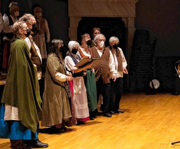 Performers rehearse for their production of “Welcome Yule: A Midwinter Celebration” at the Shea Theater Arts Center in Turners Falls.