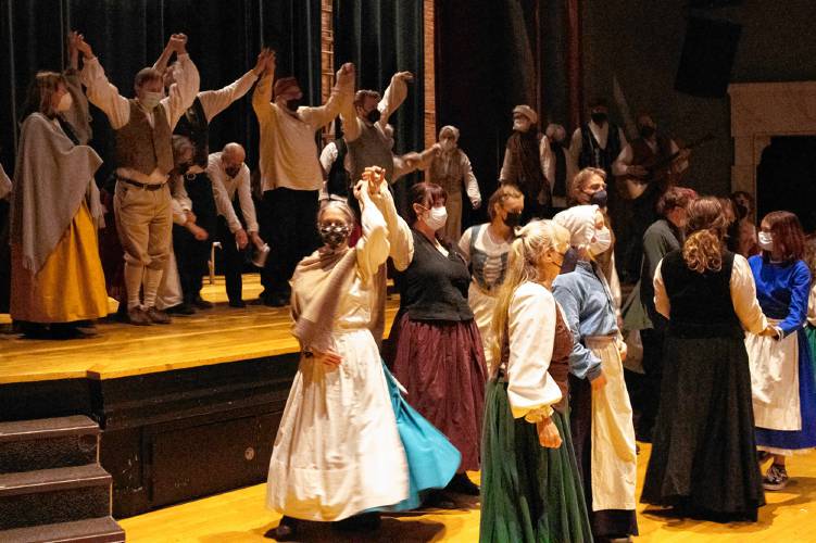 Performers rehearse for their production of “Welcome Yule: A Midwinter Celebration” at the Shea Theater Arts Center in Turners Falls.