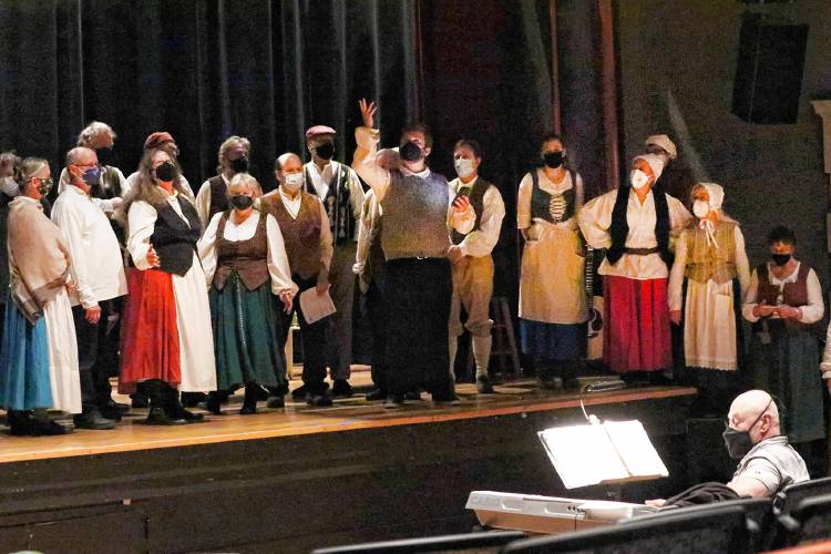 Performers rehearse for their production of “Welcome Yule: A Midwinter Celebration” at the Shea Theater Arts Center in Turners Falls.