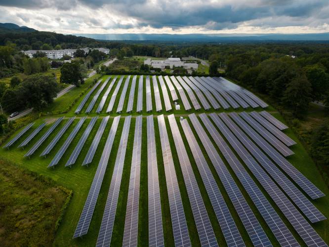 A field of solar panels along West Bay Road in Amherst.