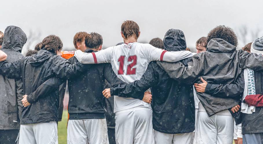 The UMass men’s soccer team huddles after defeating Evansville during the NCAA Division 1 Tournament first round at Rudd Field in Amherst on Nov. 21. The Minutemen fell 3-0 to Denver in the Elite Eight on Saturday afternoon in Denver.