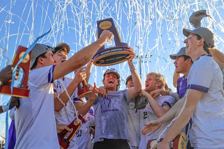 The Amherst College men’s soccer team celebrating its 2024 NCAA Division 3 national championship after defeating Connecticut College 4-3 in penalties in the title game on Saturday afternoon in Las Vegas.