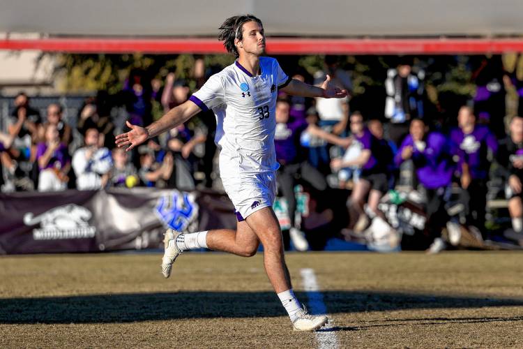 Amherst College senior Simon Kalinauskas celebrates his national championship-clinching penalty kick, one that gave the Mammoths their second Division 3 national title in nine years. Amherst defeated Connecticut College 4-3 in penalties on Saturday afternoon in Las Vegas.