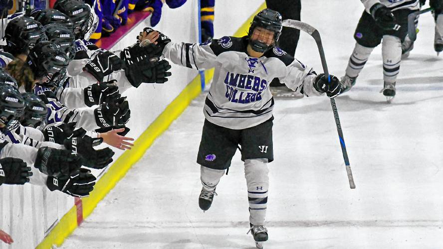 Amherst College’s Genna Pan (8) celebrates after scoring a goal against Williams College earlier this season.