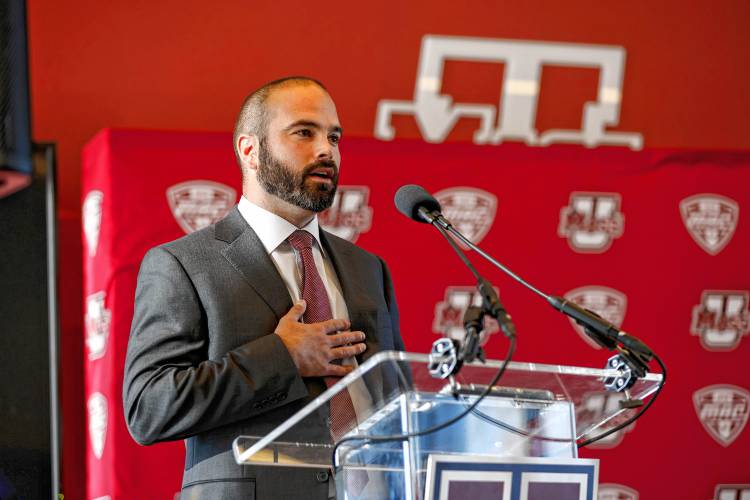 Joe Harasymiak speaks as the new UMass head football coach Friday during a press conference at the Martin Jacobson Football Performance Center in Amherst.