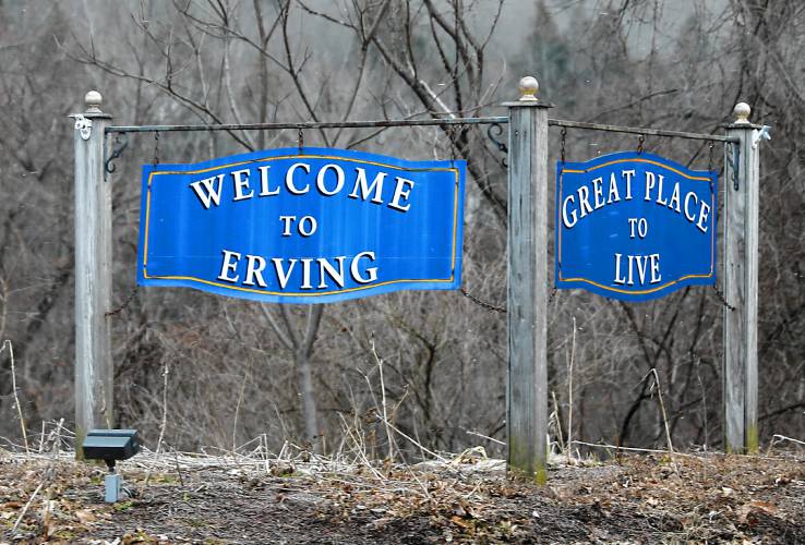 Welcome signs along Route 2 in Erving.