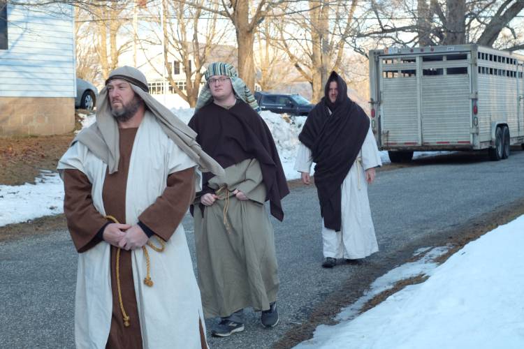 The shepherds approach in the Whately Congregational Church’s living nativity scene in 2019. This year’s event will be held on Sunday, Dec. 15, at 2 p.m. 