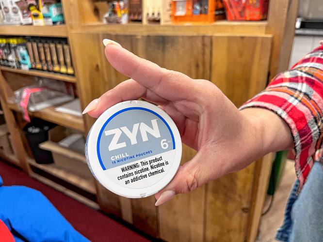 A package of ZYN, a popular brand of nicotine pouches, held by Scottys co-owner Liana Pleasant. This product will soon be unavailable in Montague businesses that aren’t “adult-only stores,” per a decision made Wednesday by the Montague Board.