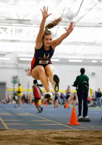 Mahar’s Stellina Moore competes in the long jump Thursday at Smith College.