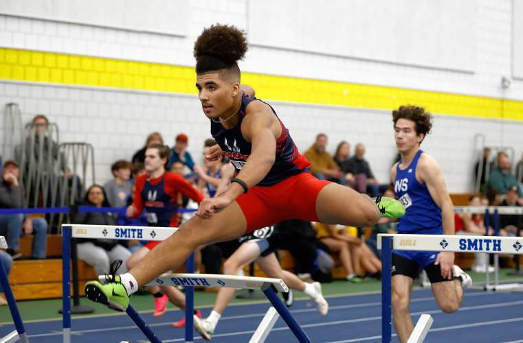 Mahar’s Mitchell Krasco runs to a second place finish in the boys 55 meter hurdles Thursday at Smith College.