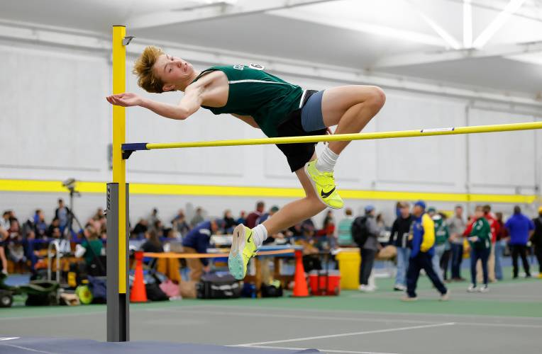 Greenfield’s Mason Youmell competes in the high jump Thursday at Smith College. 