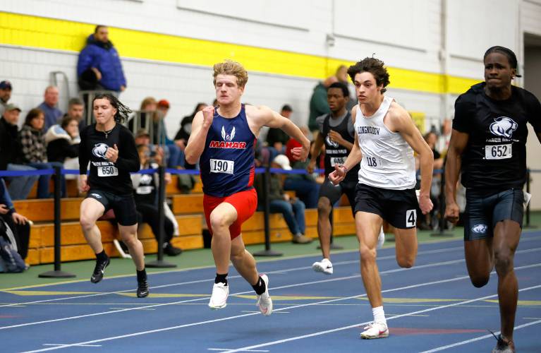 Mahar’s Matthieu Soucy runs to a second place finish in the 55 meter dash Thursday at Smith College.