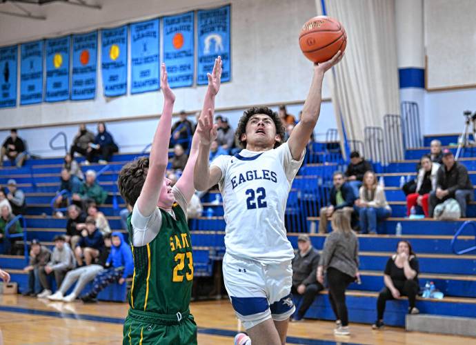 Franklin Tech’s Hunter Donahue goes up for two against Saint Mary’s during the Eagle Holiday Classic in Turners Falls on Thursday. 