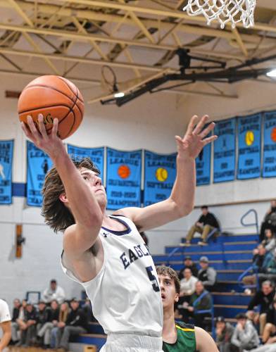 Franklin Tech’s Nolyn Stafford goes up for two against Saint Mary’s during the Eagle Holiday Classic in Turners Falls on Thursday. 