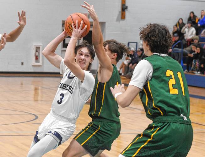 Franklin Tech’s Gabe Mota takes it to the basket against St. Mary’s during the Eagle Holiday Classic in Turners Falls on Thursday. 