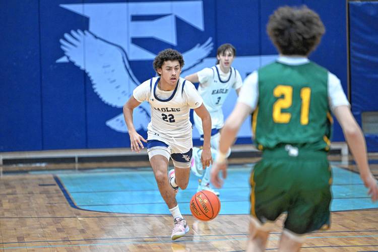 Franklin Tech’s Hunter Donahue brings the ball up court against Saint Mary’s during the Eagle Holiday Classic in Turners Falls on Thursday. 