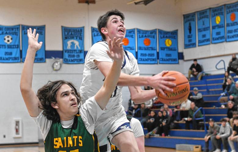 Franklin Tech’s Brody Hicks goes up for two against Saint Mary’s during the Eagle Holiday Classic in Turners Falls on Thursday. 