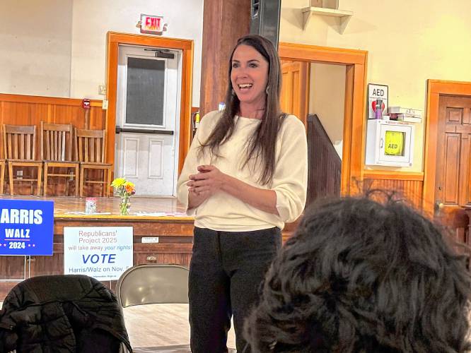 State Auditor Diana DiZoglio, pictured at the Guiding Star Grange in Greenfield earlier this year, sent a letter to top Beacon Hill Democrats, including House Speaker Ron Mariano, D-Quincy, and Senate President Karen Spilka, D-Ashland, demanding that they comply with her plans for an audit of the Legislature. 