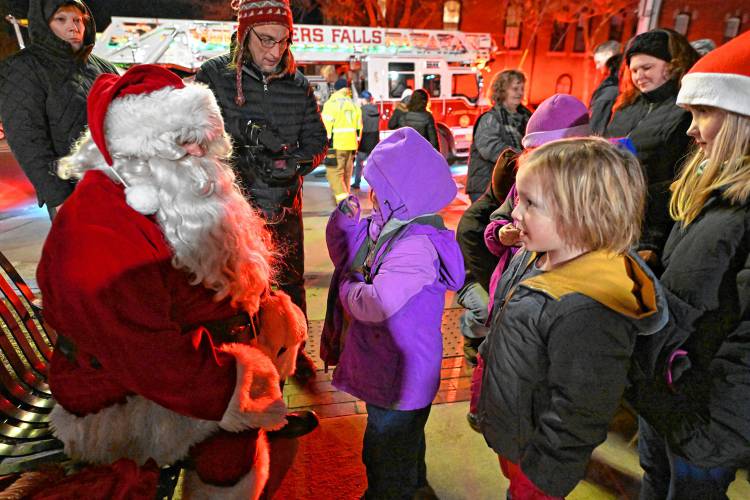 Santa arrived to Spinner Park on a Turners Falls fire truck on Friday as part of “It’s a Wonderful Night in Turners Falls.”